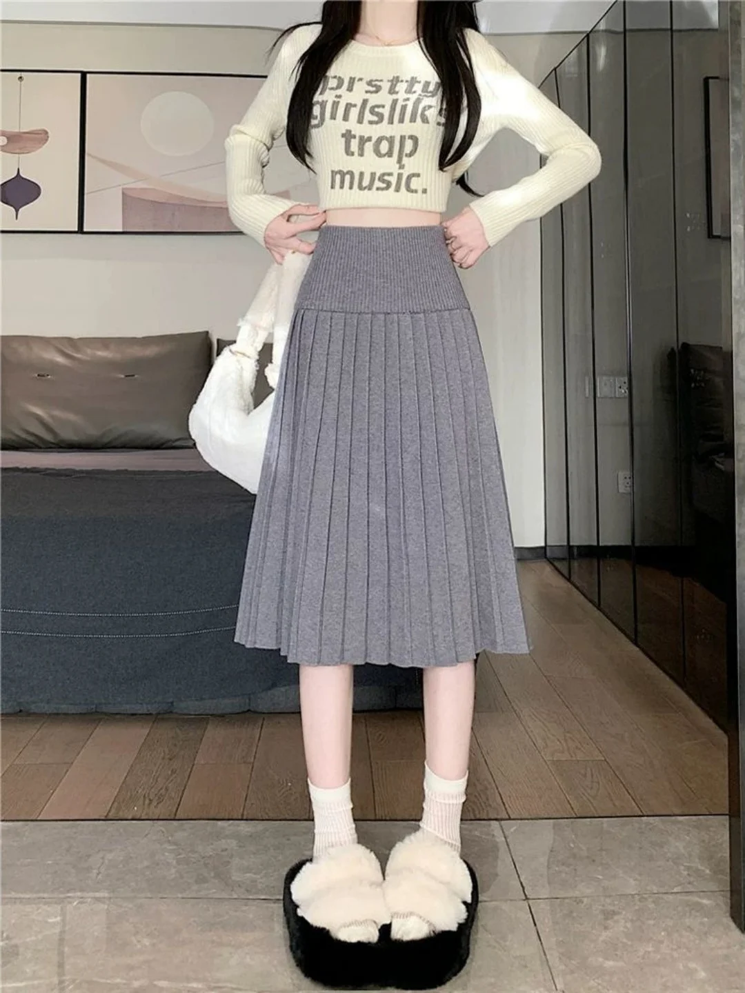 Korean College Style plus Size Knitted Pleated Skirt Women's High Waist Slimming Midi A-Line Skirt Casual High Waist Knitted ...