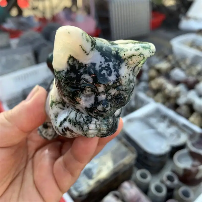 Natural Moss Agate Cartoon Cat Carving Hand Cartoon Stones Healing Polished Mineral Ornaments Home Decoration 1PCS