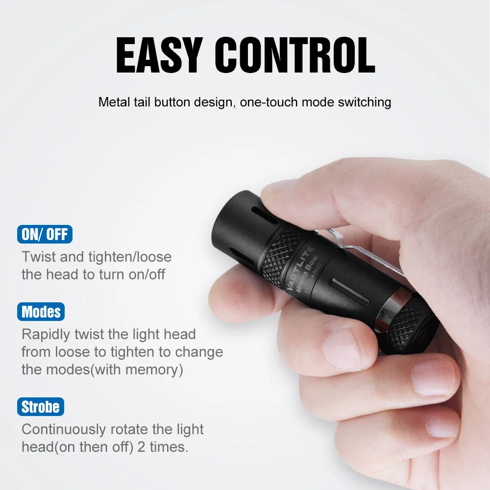 مصباح يدوي VASTLITE Minima Bow LEP - نطاق طويل 750 متر، سطوع 280LM، محمول للغاية 71 مم، مقاوم للماء IPX8، حلقة مضيئة للذيل