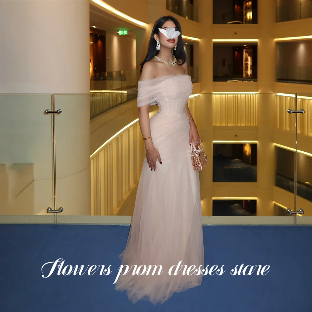 

Flowers Blush Pink Evening Dress Off the Shoulder Party Dress Short Sleeve vestidos de fiesta A Line Tulle Prom Gowns Customized