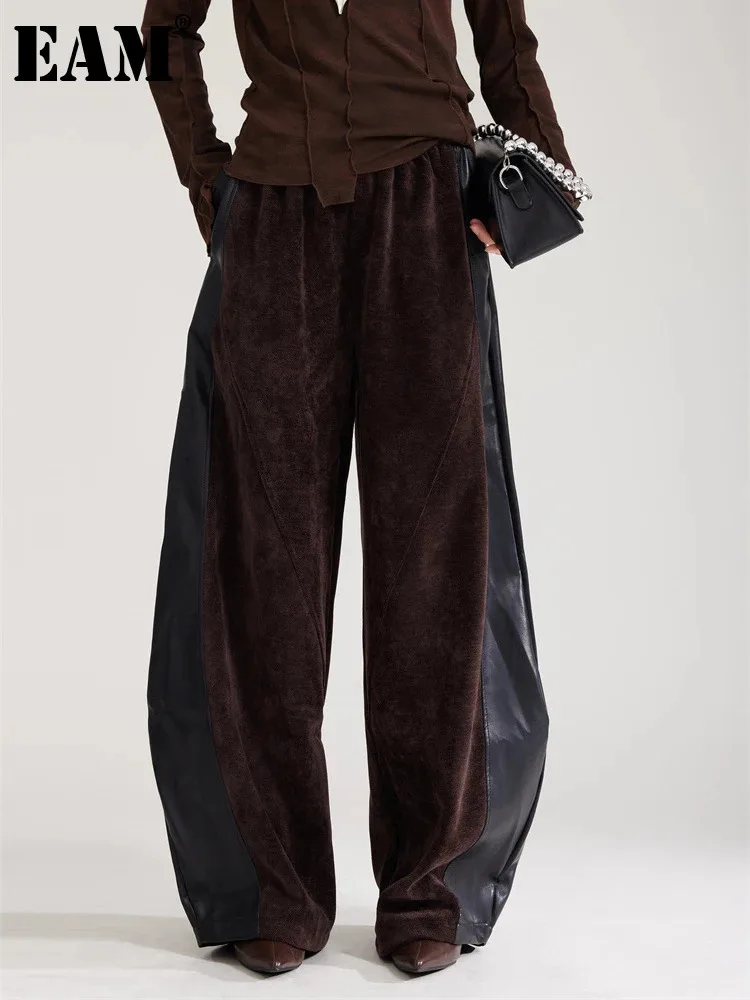 [EAM] High Elastic Waist Coffee Pu Leather Spliced Wide Leg Pants New Trousers Women Fashion Tide Spring Autumn 2024 1DH8028