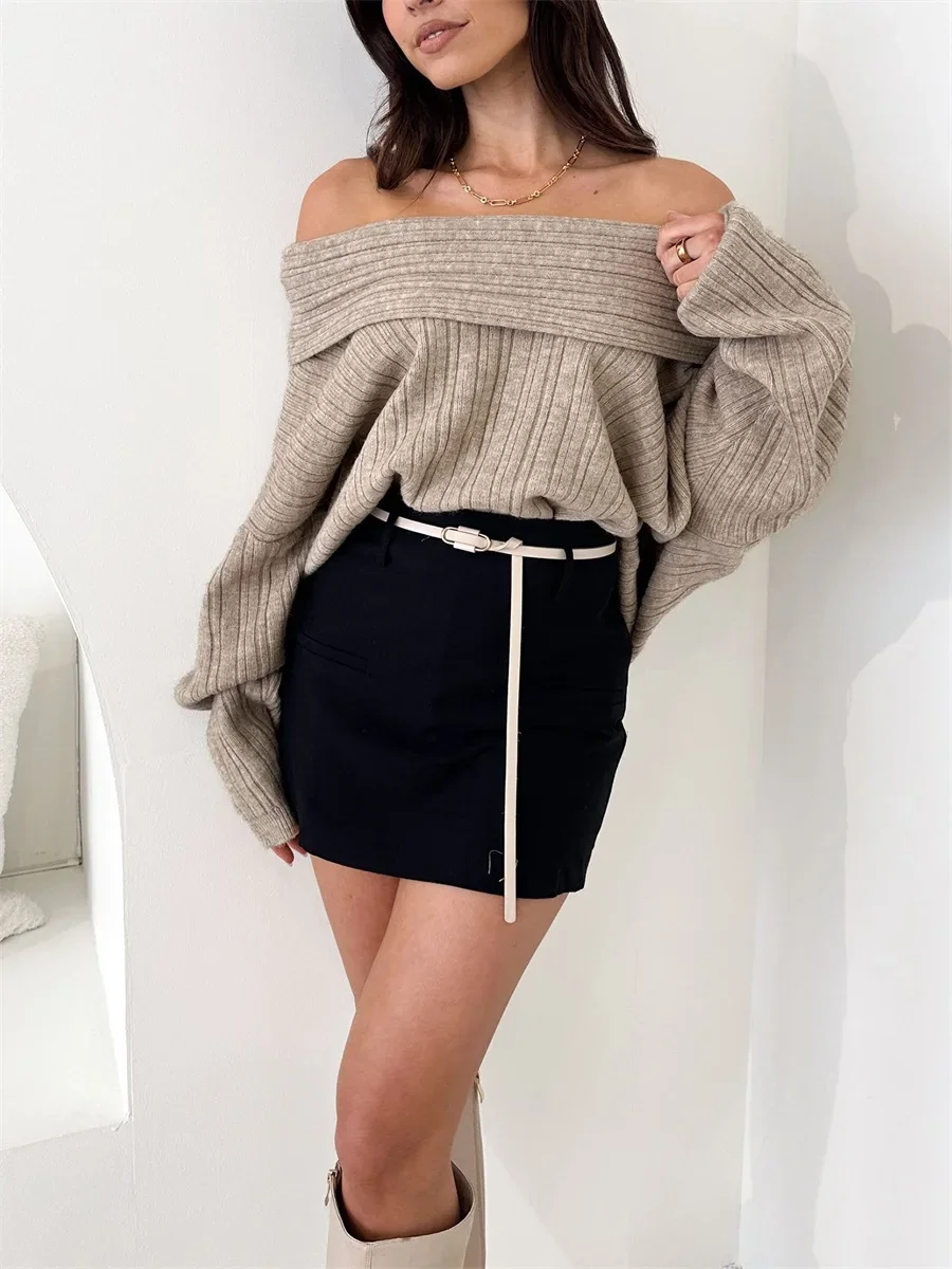 Women's Off Shoulder Sweaters Long Sleeve Solid Color Pullovers Ribbed Knit Tops