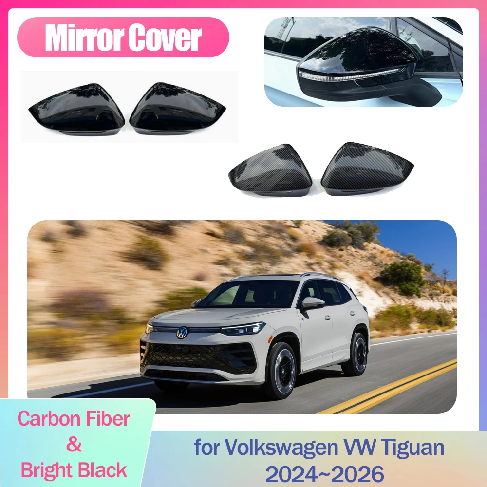 Car Mirror Cover for Volkswagen VW Tiguan R-Line 2024~2026 Cap Wing Carbon Fiber Black Chrome Trim Shell Sticker Part Accessorie