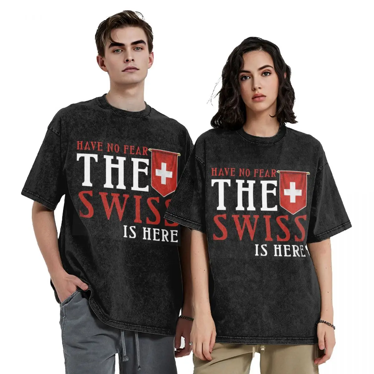 Swiss Switzerland Flag Hip Hop Short Sleeve T-Shirts Washed Tops Tees Streetwear T Shirt Vintage for Men Women