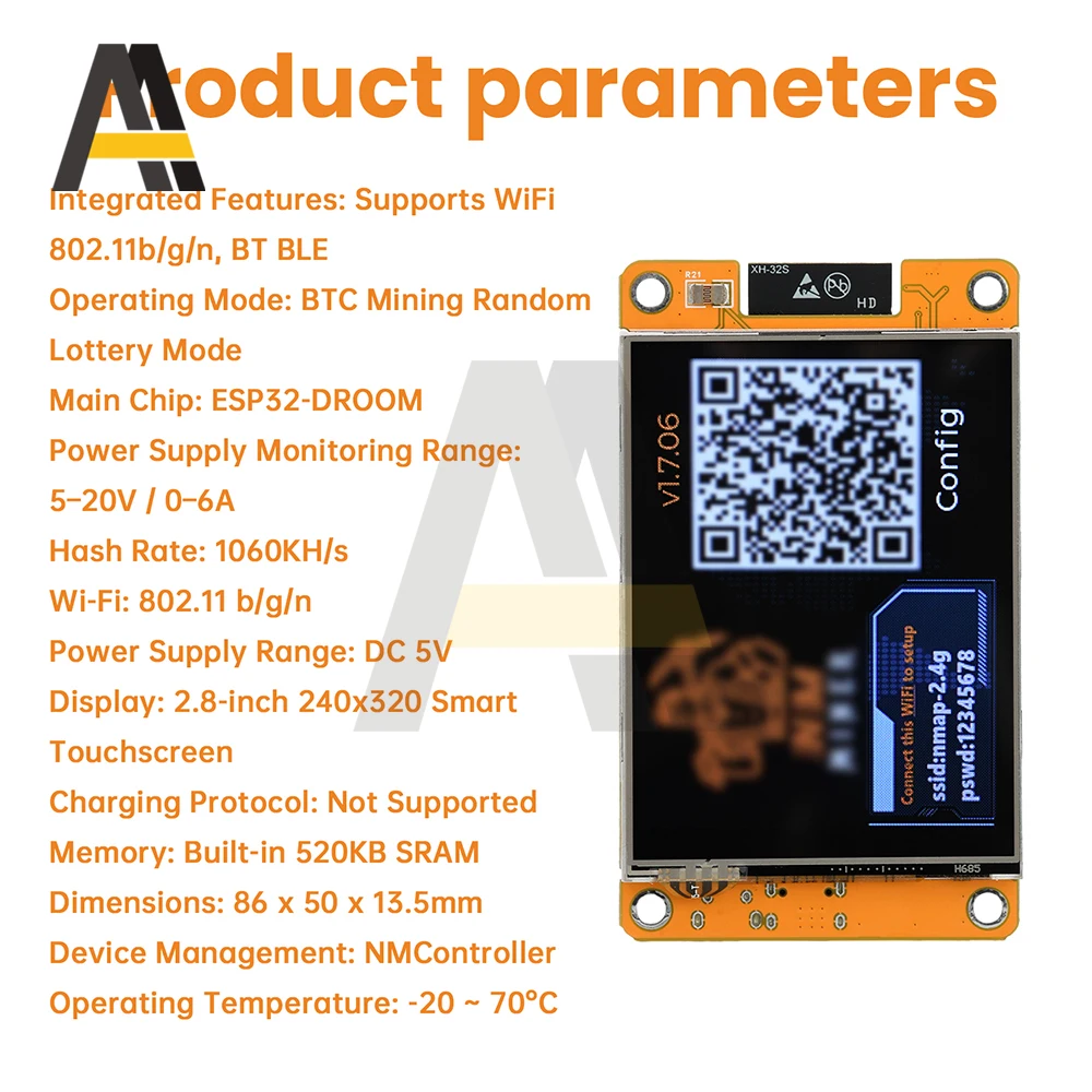 لوحة تطوير ESP32 مع شاشة لمس 2.8 بوصة 1060 كيلو هرتز/ثانية وحدة تعدين بلوتوث واي فاي