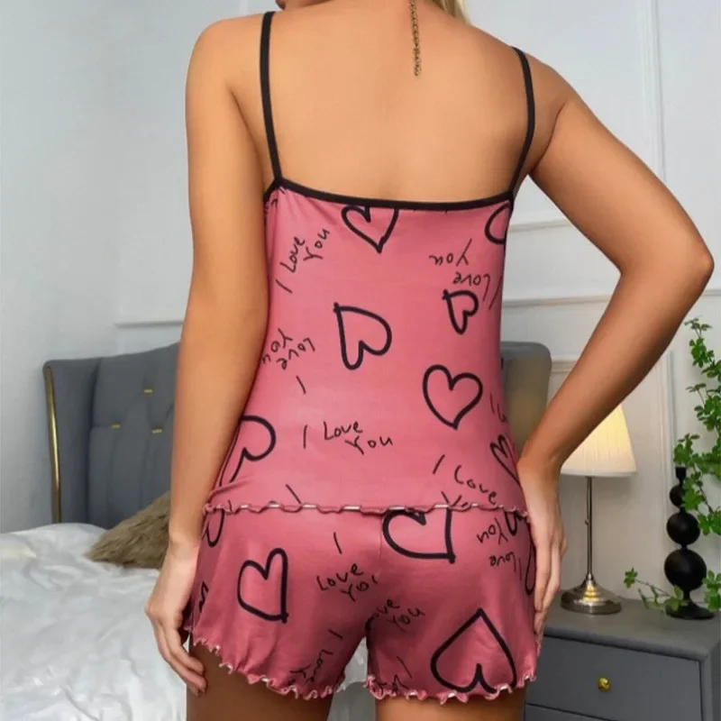 Summer Casual Pajama Set for Women's Sleepwear Red Heart Print Round Neck Ice Silk Top T-Shirt and Shorts Set Loungewear