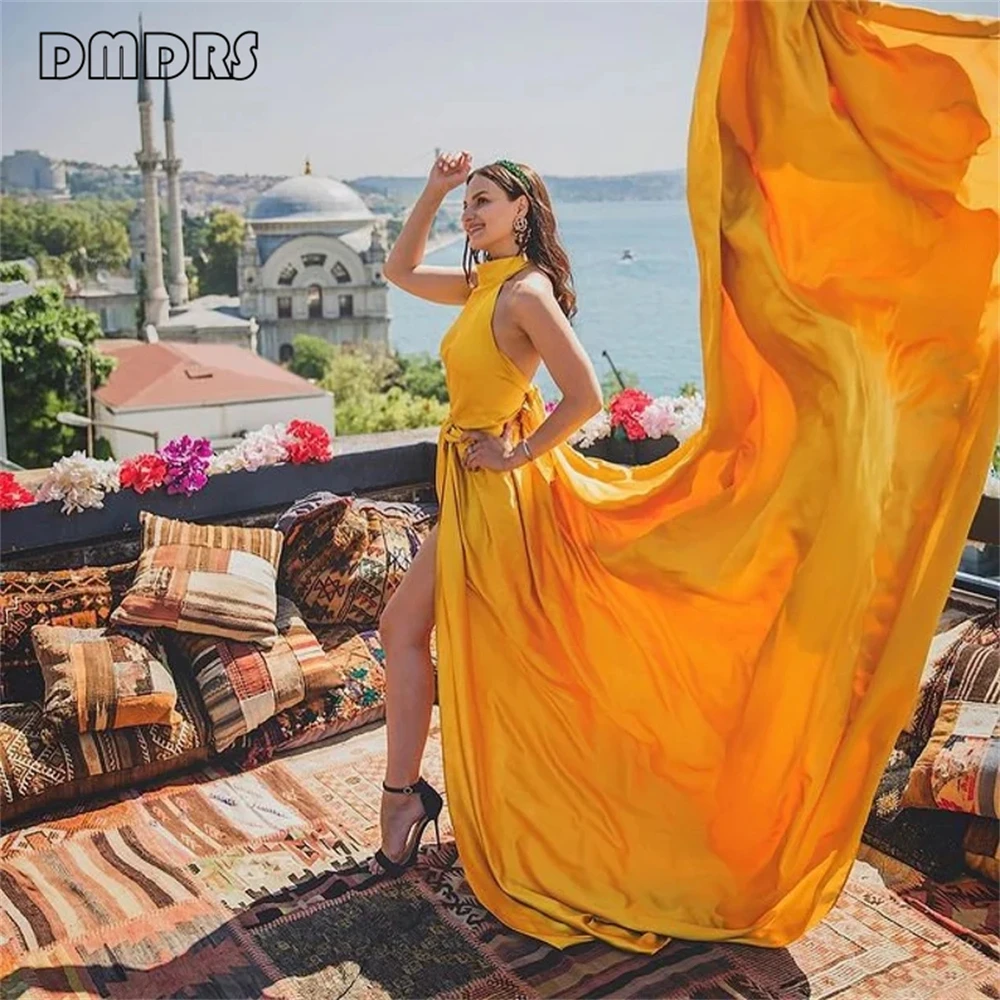 Halter Neck Long Flying Dress For Photo Shoot Long Train Silky Satin Flowy Beach Holiday Dresses For Women Formal Gown