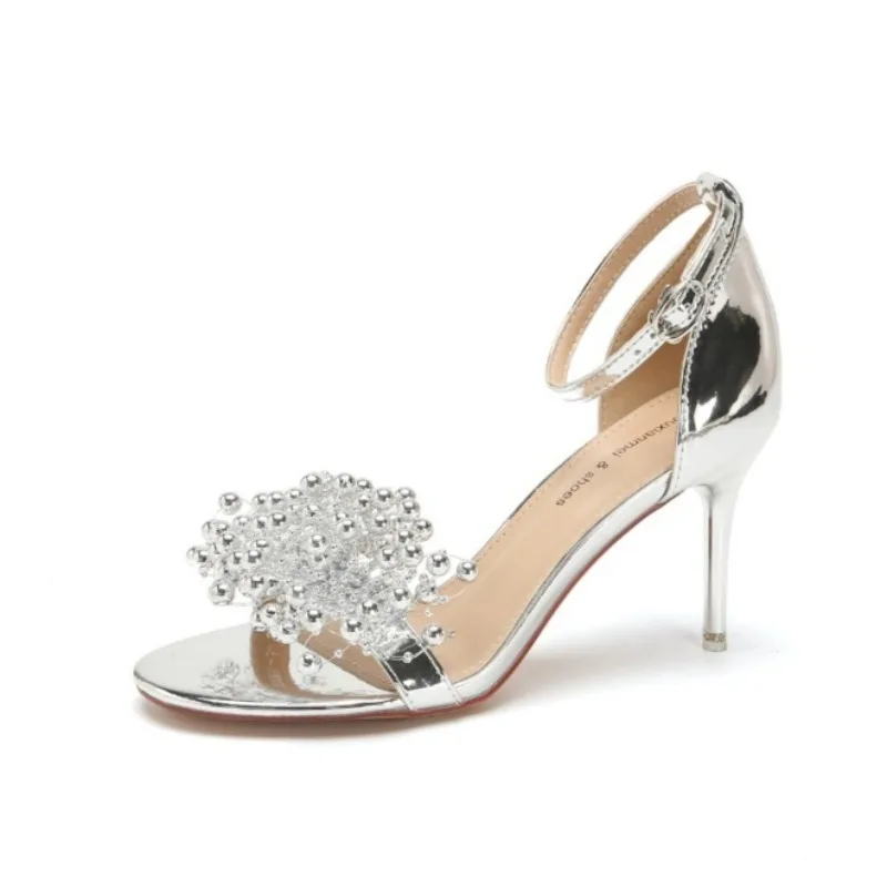 

6cm8Cm High-heeled Women's Sandals Fas One-word Beaded Pearl Women's Pumps and Heels Summer Sexy Banquet Wedding Shoes for Women