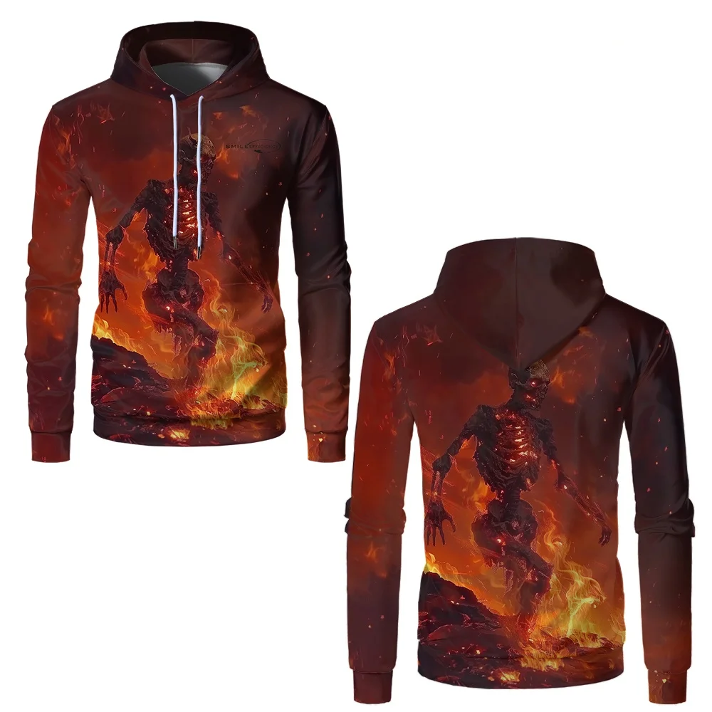 3D Print Flaming Skull Graphic Hoodie For Men Loose Comfortable Long Sleeve Hooded Pullover Creative Flame Pattern Men's Clothes