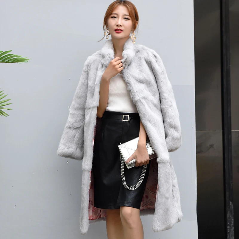 

Annsirgra Winter Women Genuine Real Rabbit Fur Coat X-long 110cm Full Pelt Natural Fur Jacket Customized Big Size Stand Collar