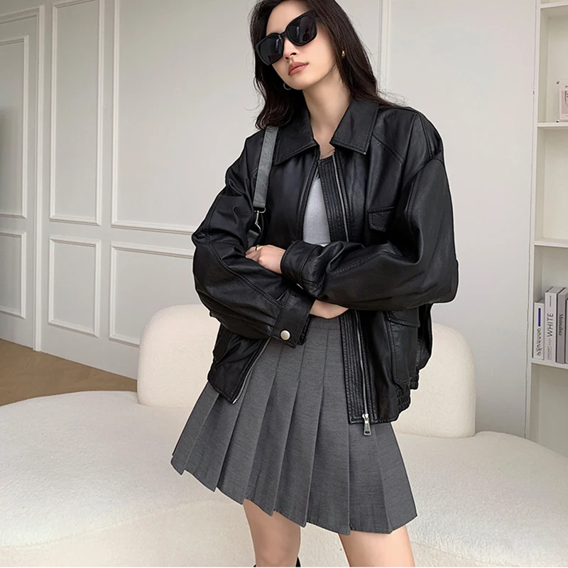 女性のシープスキンコート秋冬女性メイラードカラージッパーポケットルーズショートリアルレザーボンバージャケットジャッケンダム