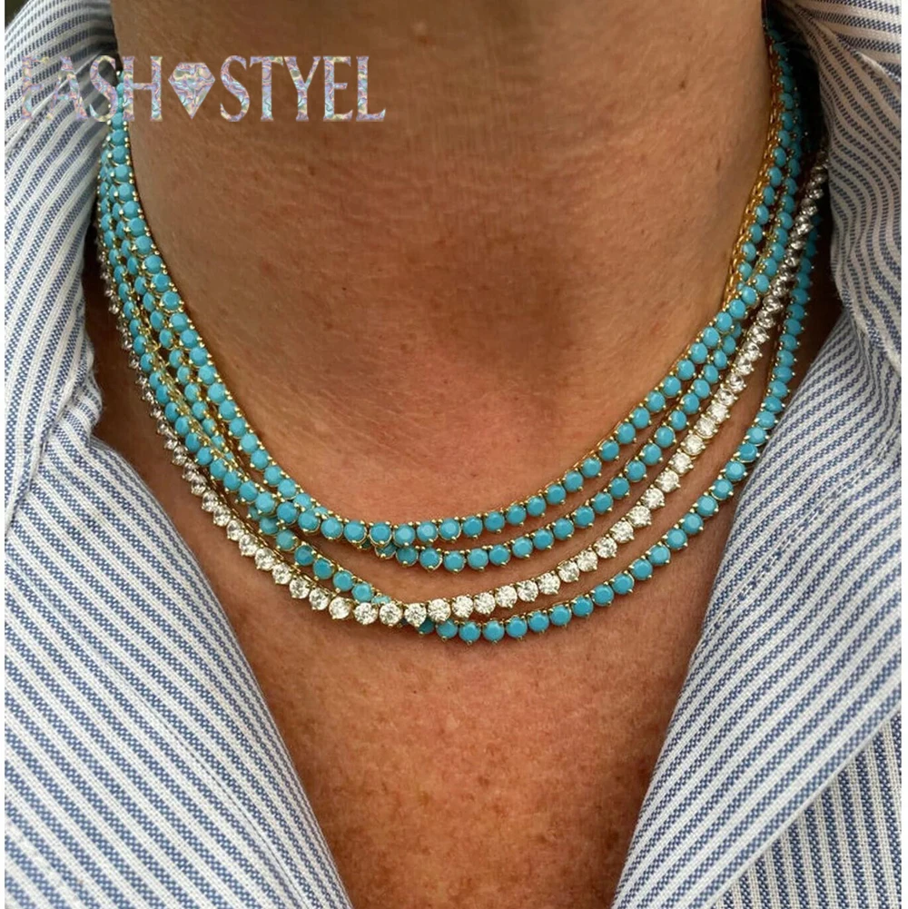 Fashion Delicate Round Turquoise Stone Tennis Chain Necklace Women Girls Gold Plating Necklace 2026 Hot Sales Jewelry