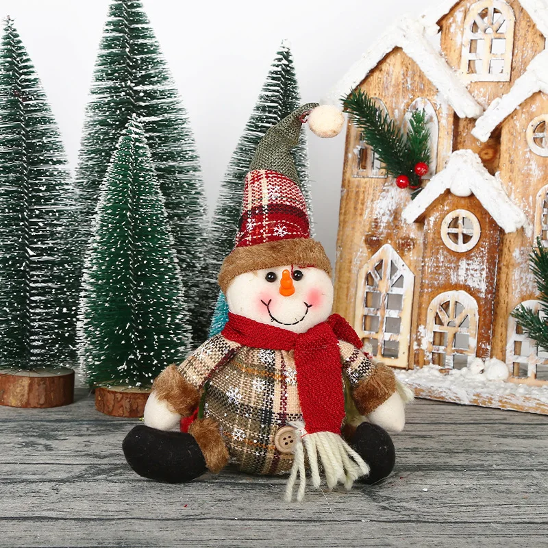 Christmas Decoration Crafts Snowman Plush Doll Plaid Fabric Button Decor Ornament For Home Xmas Tree Party Indoor Decoration