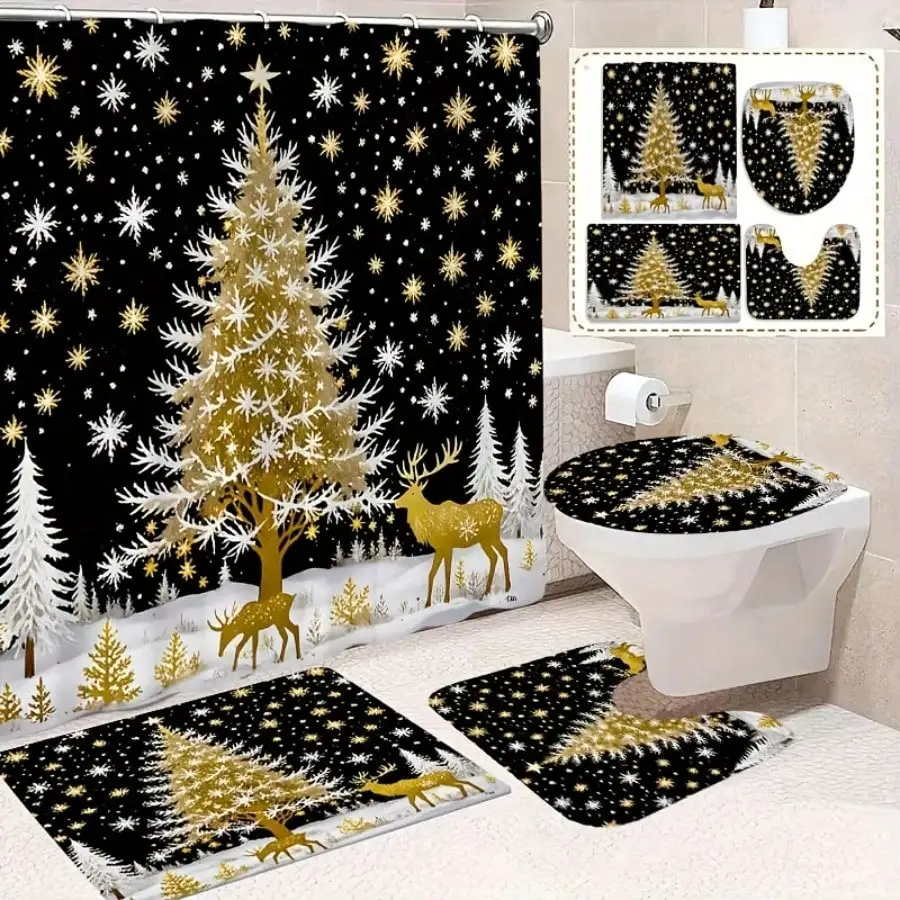 1/4Pcs Xmas Shower Curtain Set Black Gold Christmas Tree Elk Snowflake Print Bathroom Accessory Set Non Slip Mat Toilet Cover m