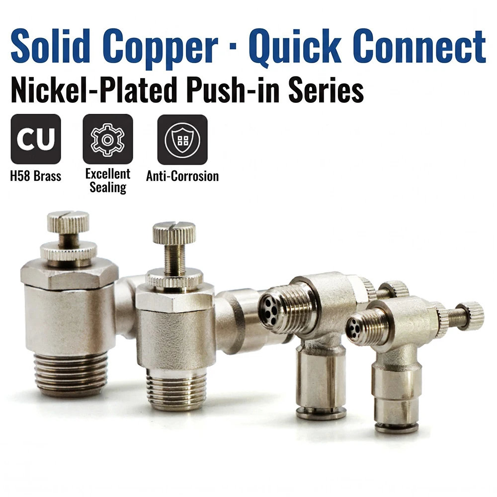 Full Copper Nickel Plated Pneumatic Air Hose Joint Speed Control One-way Flow Limiting Cylinder Throttle Valve SL6-01 1/4 3/8