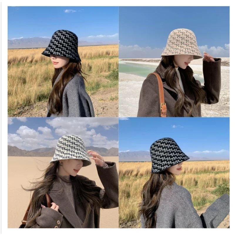 New Autumn Winter Korean Ladies Solid Rabbit Fur Bucket Hat Outdoor Leisure Japanese Sweet Letter Panama Basin Hat Wholesale