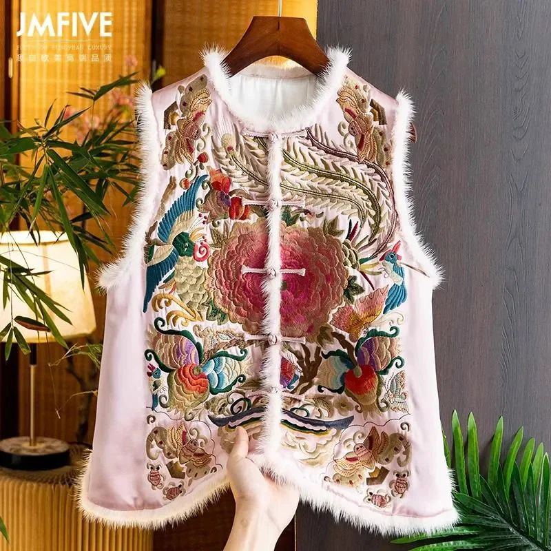 Women Light Luxury Retro Satin Acetate Cotton Vest 2024 Winter New Product Chinese Heavy Industry Embroidery Loose Mink Fur Vest