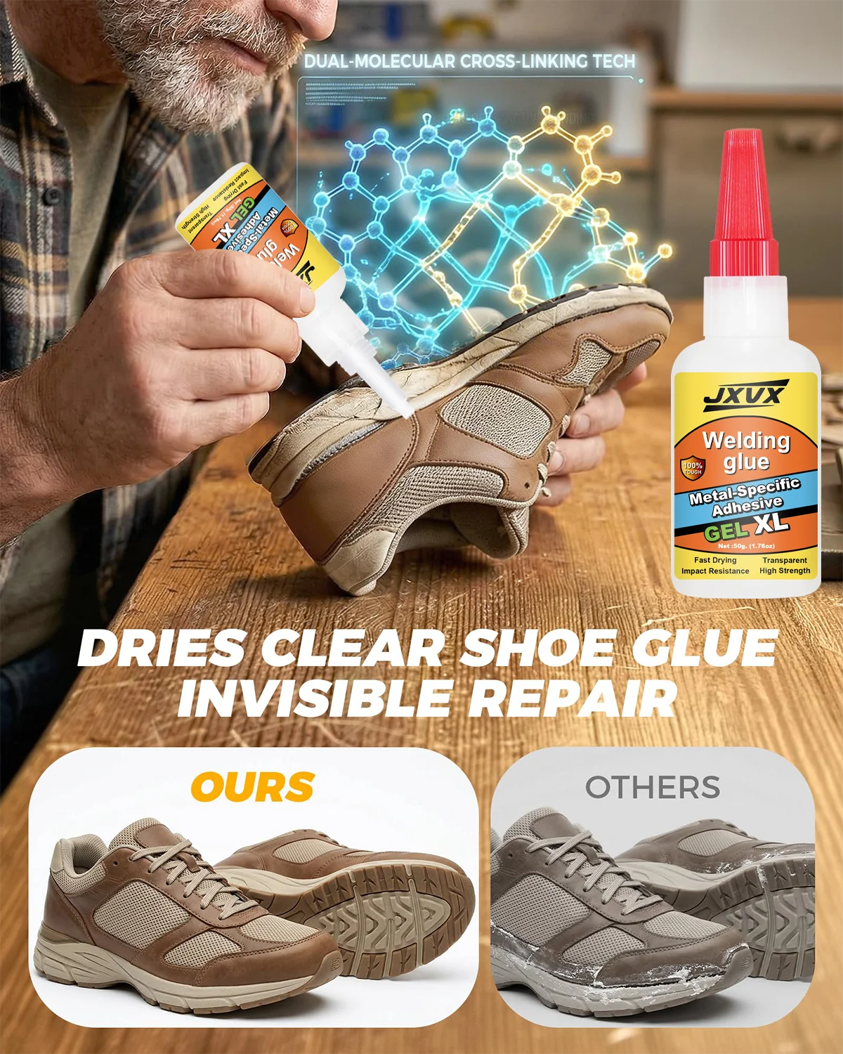 50g Transparent Shoe Repair Glue, Transparent Shoe Repair Adhesive, Strong Low-Odor Adhesive, Soft Resin Glue for Fixing Worn Shoes or Boots, Quick Drying