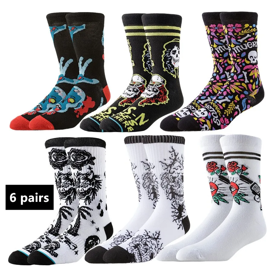 6pairs Men Women Sport Socks Street Style Designer Hip Hop Novelty Funny Happy Socks Basketball Skateboard Outdoor Walk Gear