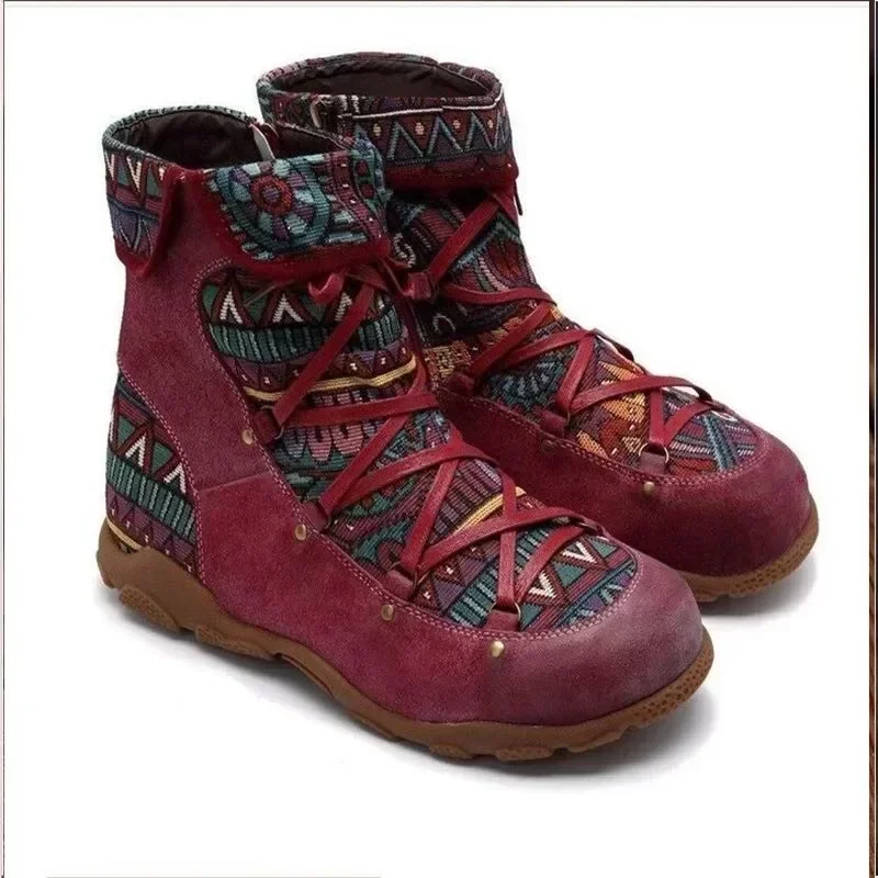 2024 New Women's Ethnic Style Large Short Boots Fashion Retro Side Zipper Round Head Autumn/Winter Fashion Bare Boots sneakers