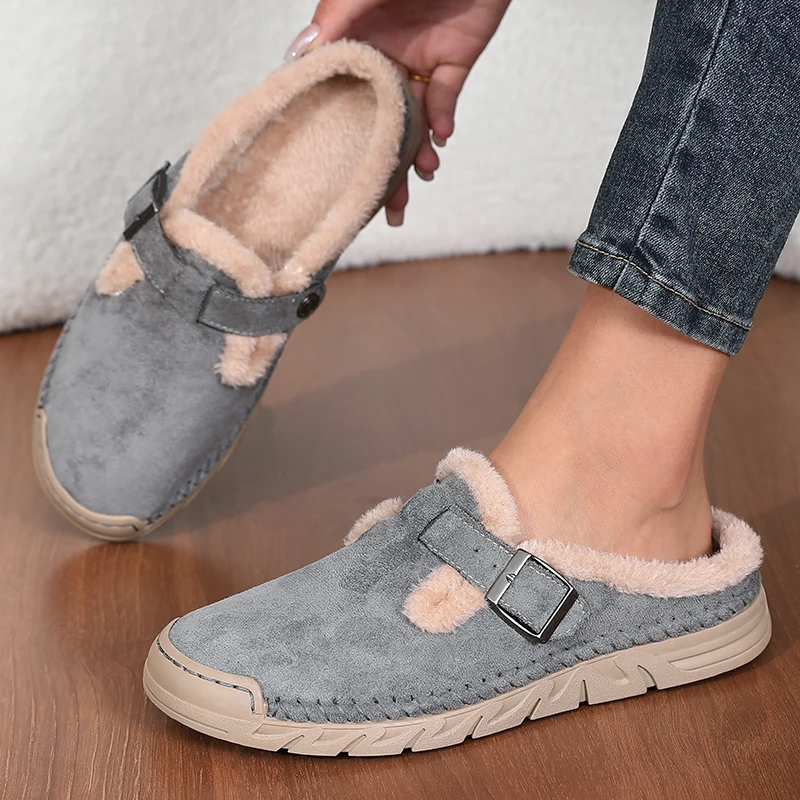 Damenmode Baotou-Slipper Winter Neu Rundkopf Tiefer Schnitt Schnallenverschluss Weiche Sohle Rutschfest Verschleißfest Flache Schuhe – Detail 8