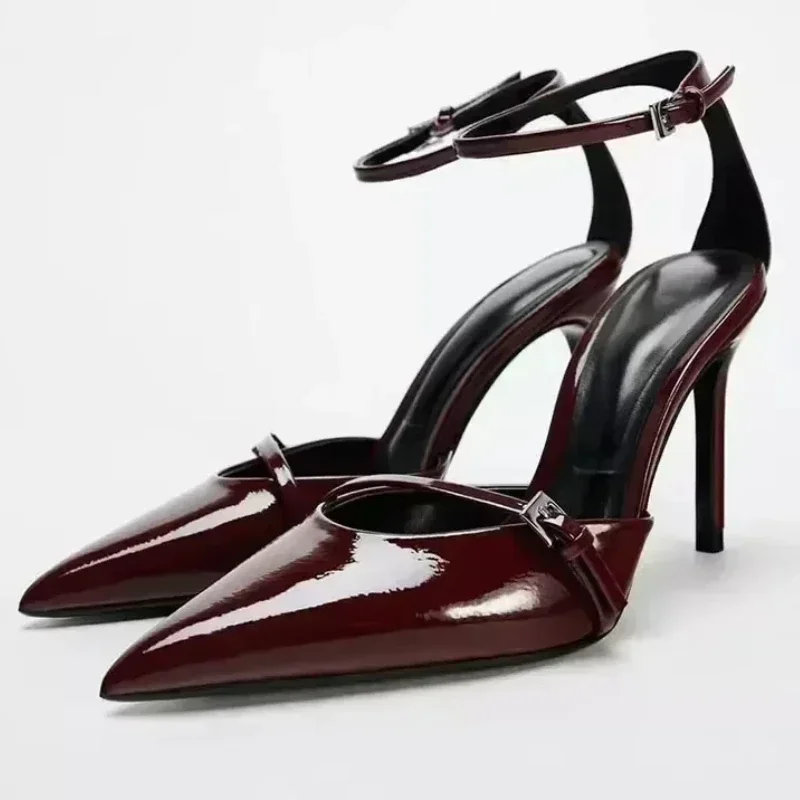 Patent Leather Sexy Thin High Heels Women Ankle Strap Pointed Pumps Dress Shoes Belt Buckle Elegant Brand Office Sandals Women