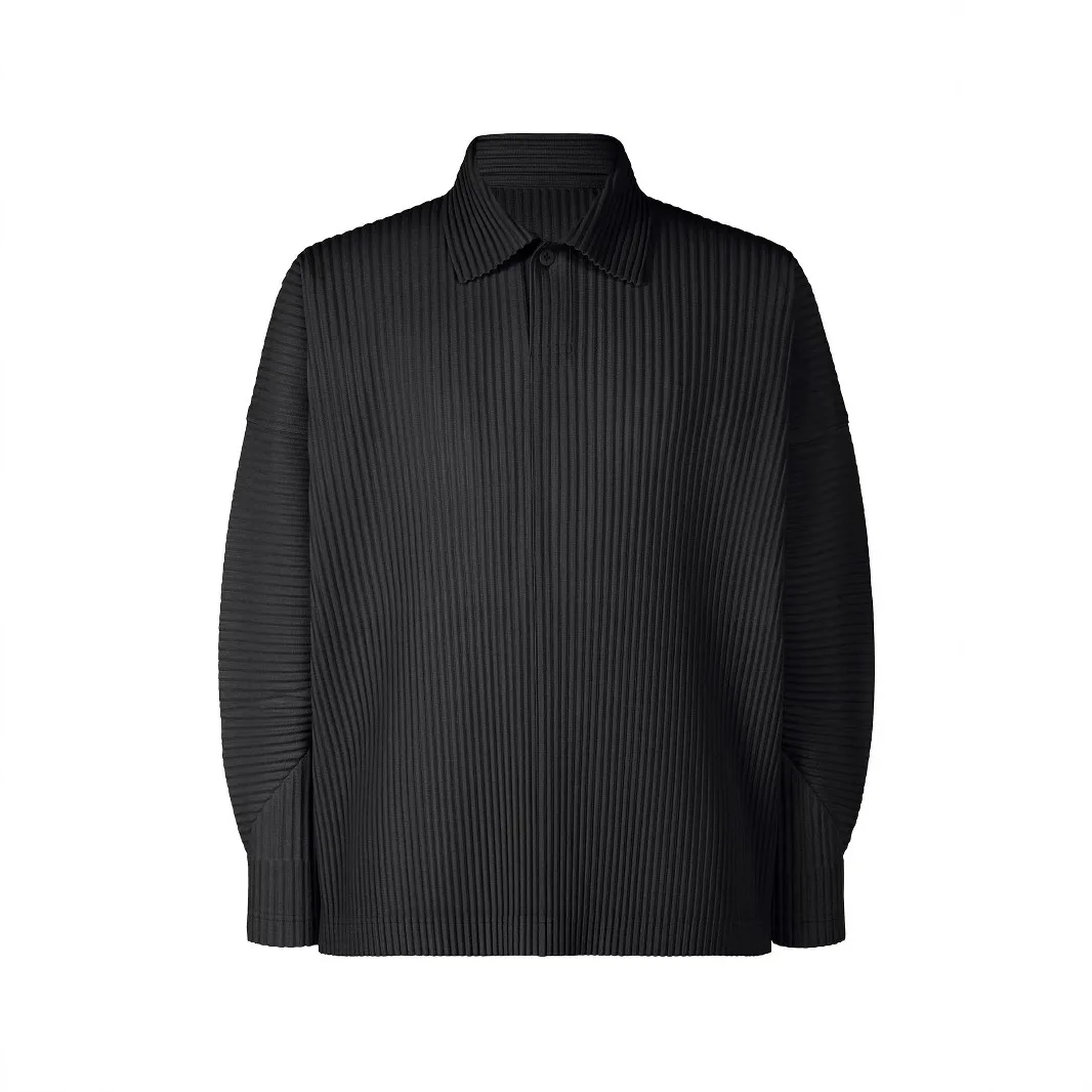 Miyake Men's Solid Color Plisse Japanese Casual Classic Pleated Loose Casual Fashion Pleated Lapel Long Sleeve Top Polo Shirt - Image 2