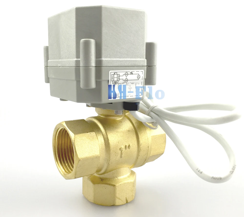 3/4'' DN15 3-Way Brass Electric Actuated Ball Valve, 9-24V AC/DC, Reduce Bore Auto Return Motorized Ball Valve