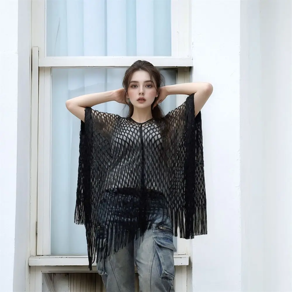 Solid Color Tassel Sunscreen Cover-up Loose Fit Crochet Bohemian Shawl Plus Size Casual Knit Hollow Out Top Lady