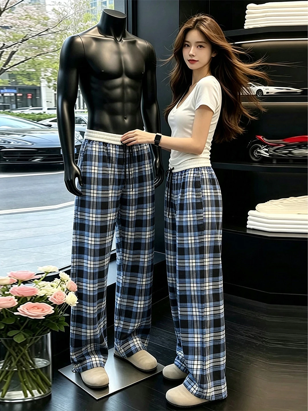 Blue Plaid Ice Silk Casual Pants Men's Loose Drapey Lightweight Summer Straight Leg Trousers Comfortable Breathable Leisure