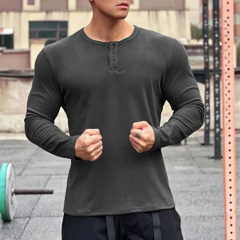 Spring and autumn new cashmere men's long sleeve T-shirt casual shirt button round fashion solid color T-shirt sports men's wear