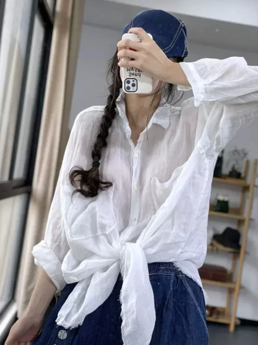 

High-End Women's Summer irt Loose Long Sve Pure Color Sun Protection Clothing Artistic Forest Sle Medium Length