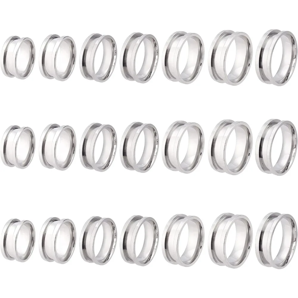 21pcs 7 Size Blank Ring Stainless Steel Finger Ring Grooved Core Inlay Rings for Resin Round Empty Blanks for Jewelry Making