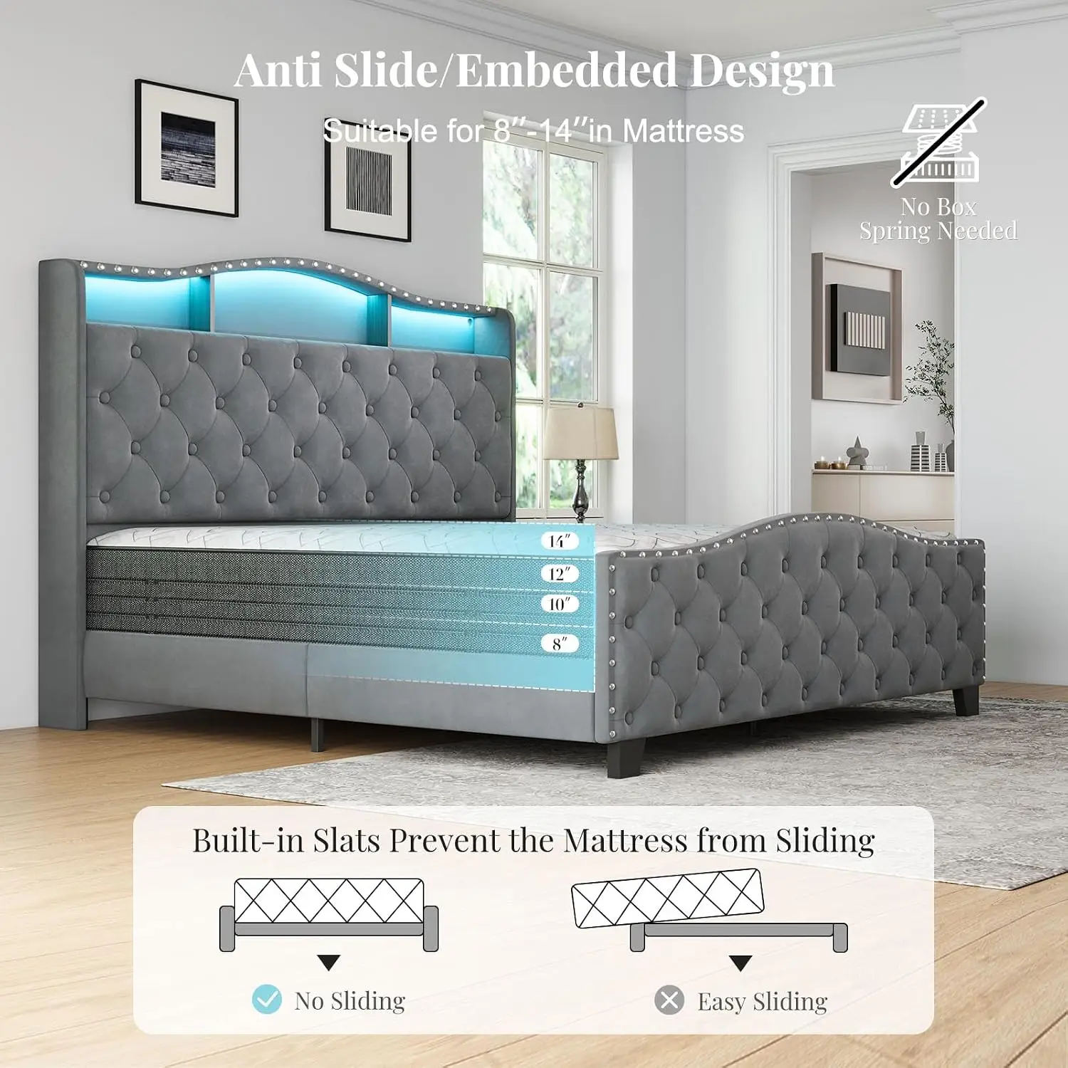 Queen Size Platform Bed Frame with 50.9" LED Headboard, Grey, Customized - view 5