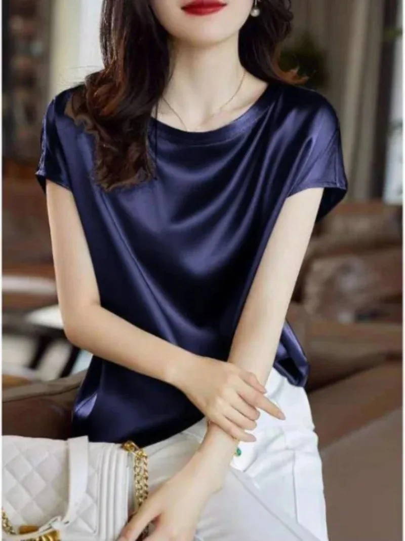 Silk Thin Short Sleeve Top Korean Slip Woman T-shirt Summer Clothes Elegant Black Brown Tee Shirt Solid Loose Casual 4XL