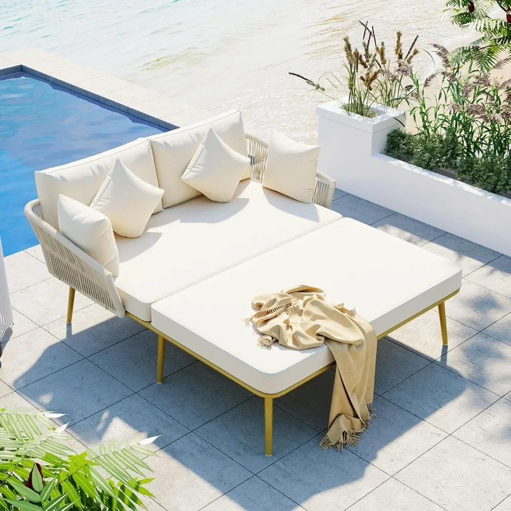 

Patio Outdoors Sunbed, Outdoor Daybed, Outdoor Lounge Sofa Chair with Woven Nylon Rope Backrest and Washable Cushions