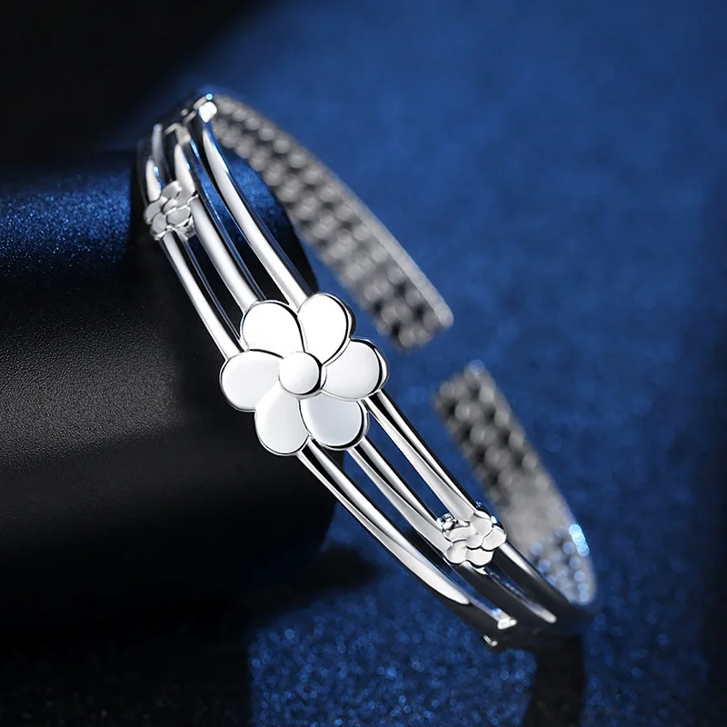 925 Sterling Silver Flower Open Bangle Hand Bracelets For Women Luxury Jewelry  And  Jewellery