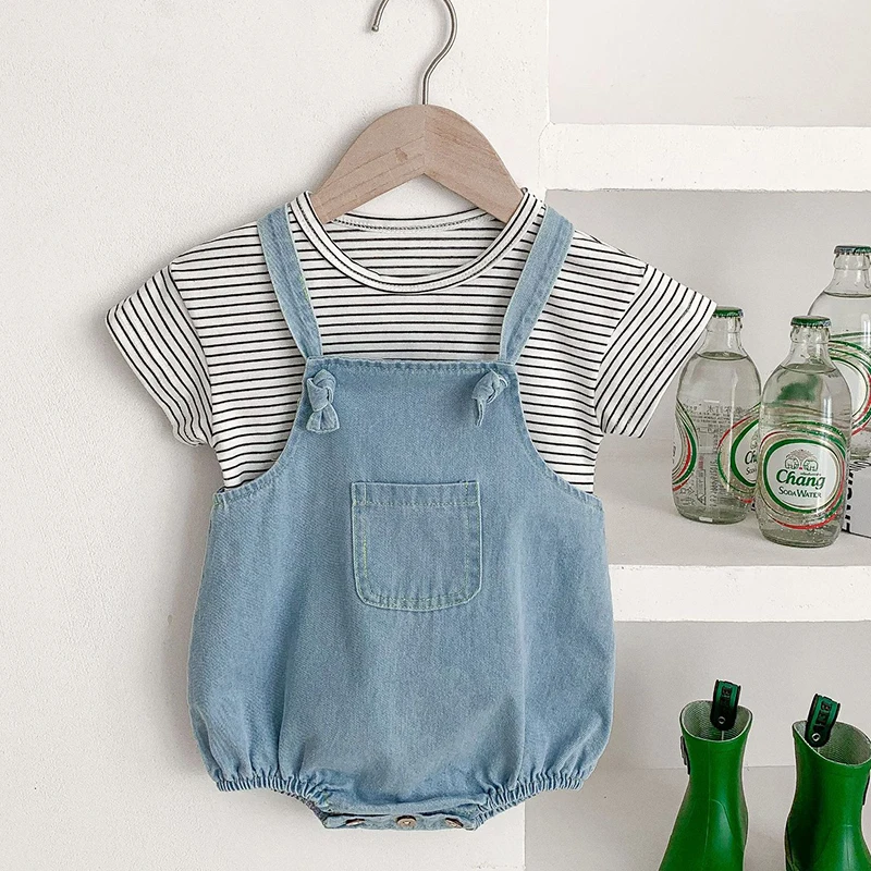 

Newborn Baby Girls Clothing Set Short Sleeve Cotton Stripe T-shirt+Denim Jumpsuit Overall Summer Toddler Baby Girl Clothes Suit