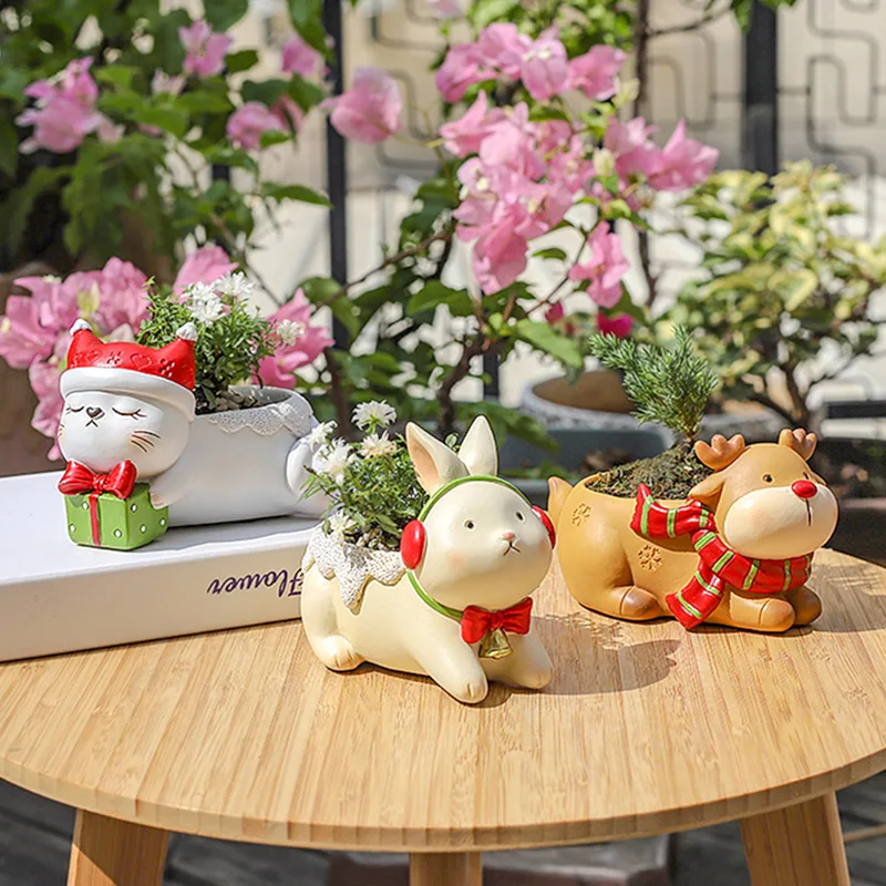 DIY Christmas Flowerpot Silicone Mold 3d Design Cute Animal Deer Rabbit Modeling Concrete  Flower Pot   Cartoon Planter New