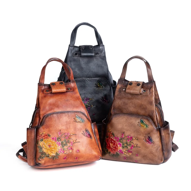 Floral Embossed Leather Backpack for Women, Vintage Cowhide Shoulder Bag, Handmade Crossbody Purse with Adjustable Strap
