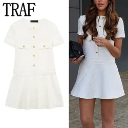 TRAF Tweed Short Dresses For Women Textured Short Sleeve Mini Dress Woman Summer Vintage Elegant Dresses Women's Office Dress