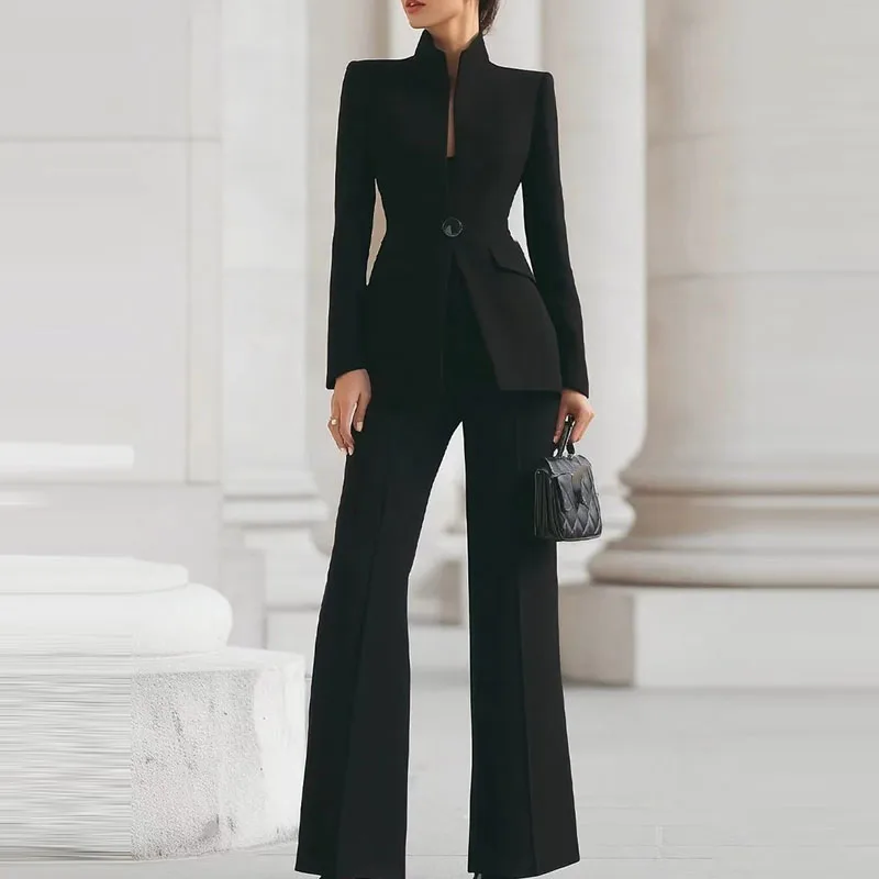 Mode Stehen Kragen Mantel Einfache Anzüge Casual Langarm Büro Lange Hosen Sets 2025 Elegante Pendeln Solide Schlank 2 Stück Outfits