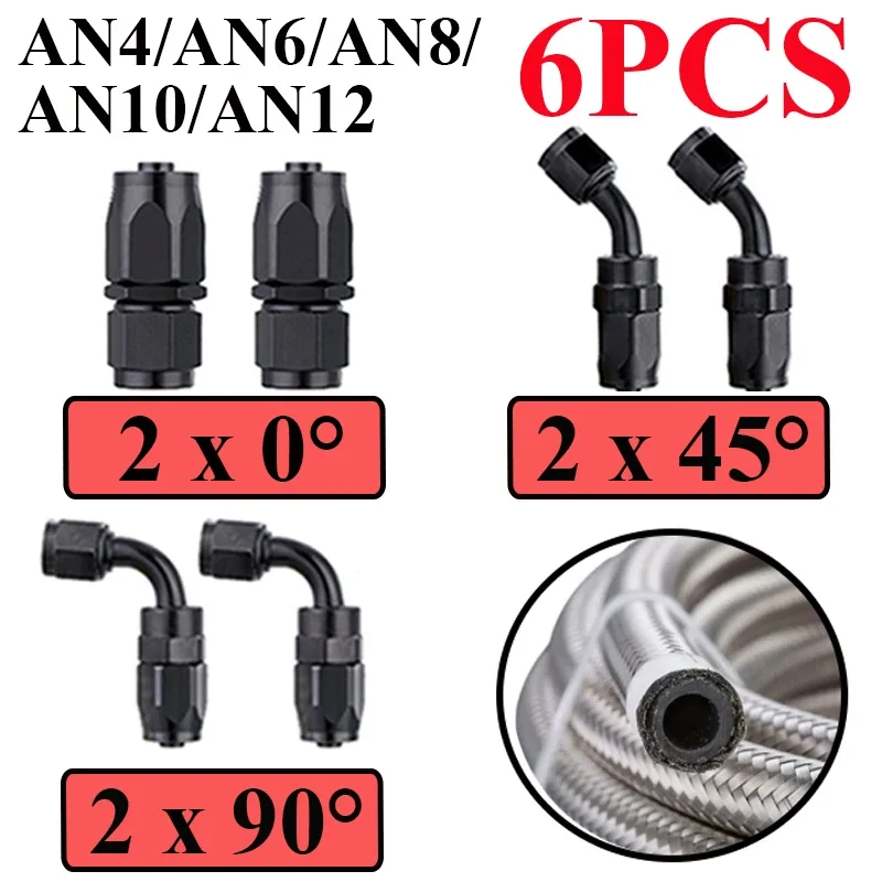 6Pcs Universal AN4 AN6 AN8 AN10 AN12 Straight 0 45 90 Degree Aluminum Swivel Hose End Fitting Adapter For CPE Oil Fuel Line Pipe