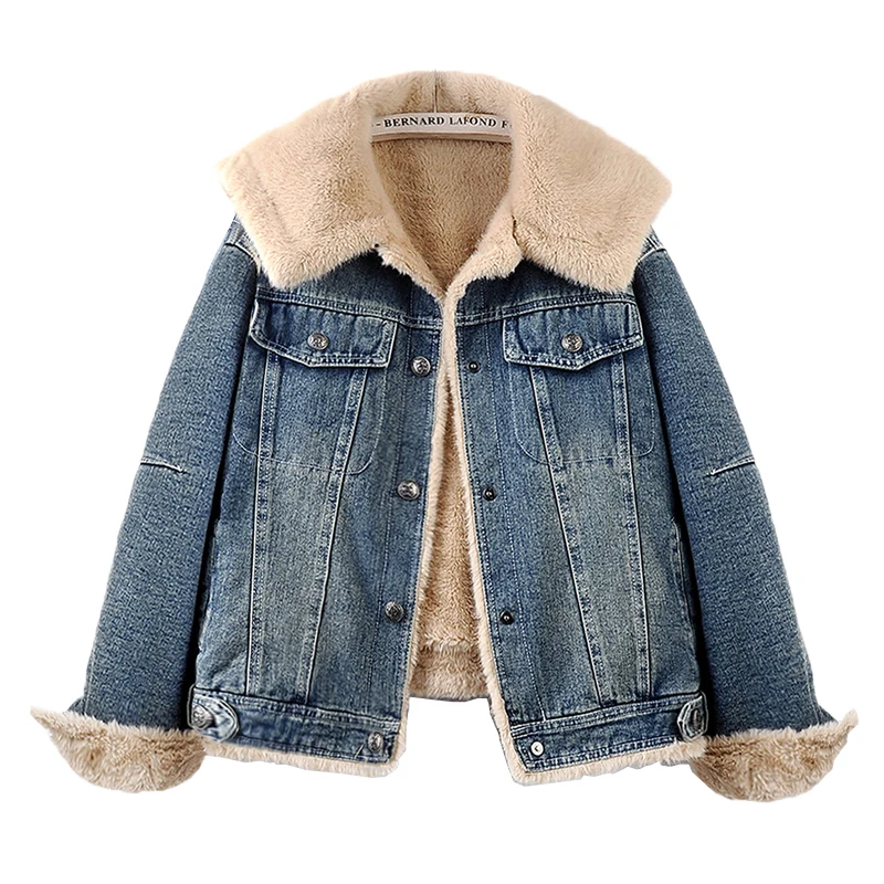 Winter New Women Blue Dark Blue Short Denim Jacket Thick Warm Lambswool Liner Loose Casual Lapel Long Sleeve Cowboy Outerwear