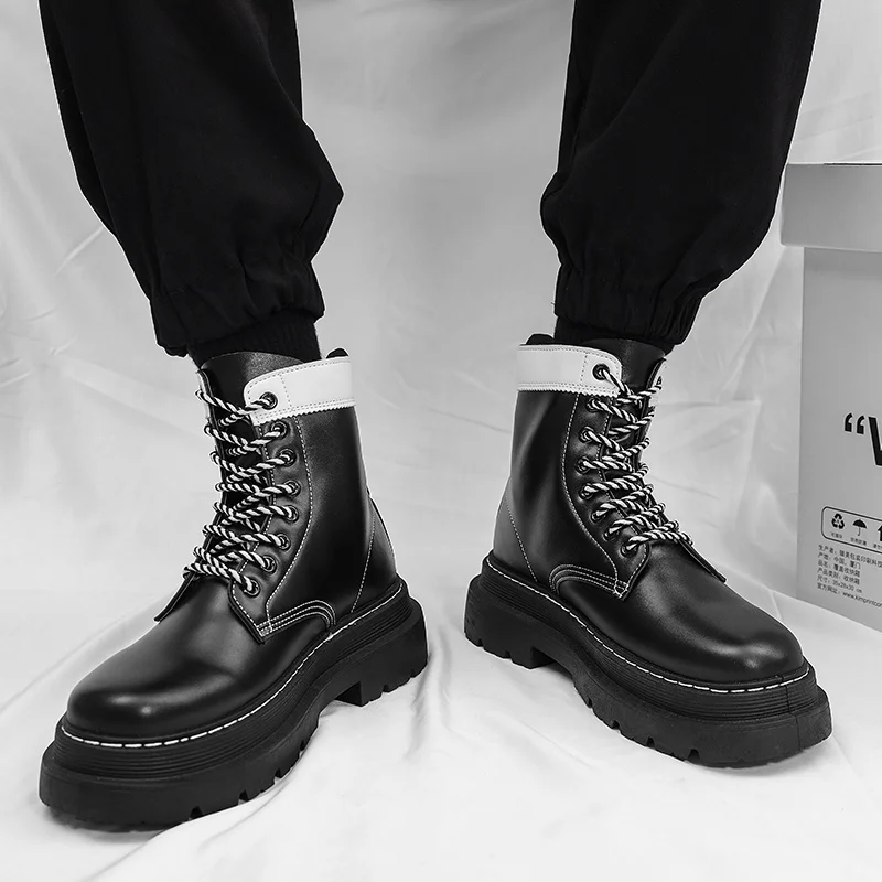 STRONGSHEN Men Boots High Top Fashion Motorcycle Ankle Boots Splicing Winter Boots Anti-slip Man Shoes Lace-Up Botas Hombre image 3