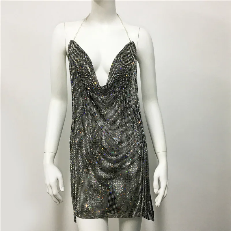 بريق حجر الراين عارية الذراعين المرأة فستان مثير قطع مساء حفلة كلوبوير فساتين Bodycon صغيرة مهرجان الهذيان الزي Vestido
