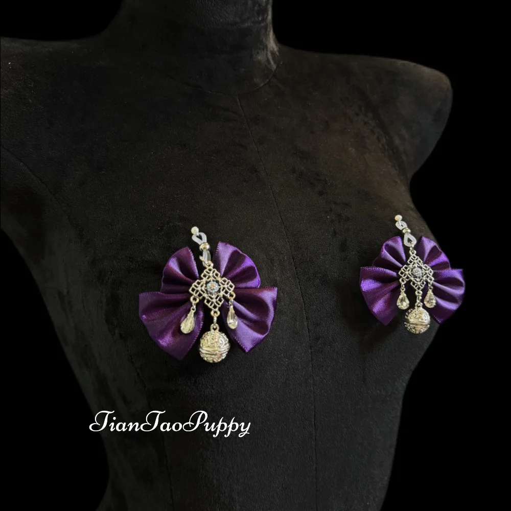 مجموعة صنم BDSM مع قلادة جلدية ومشابك للحلمة، سلسلة جسم قابلة للإزالة بعقدة على شكل فيونكة أرجوانية، مشابك سيليكون قابلة للتعديل للنساء #3