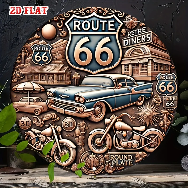 [2D Flat] 1 Stück Vintage Route 66 Rundes Aluminiumschild – Blaues Auto- und Motorrad-Design, rustikale Metallwandkunst für Zuhause, Garage, Café,