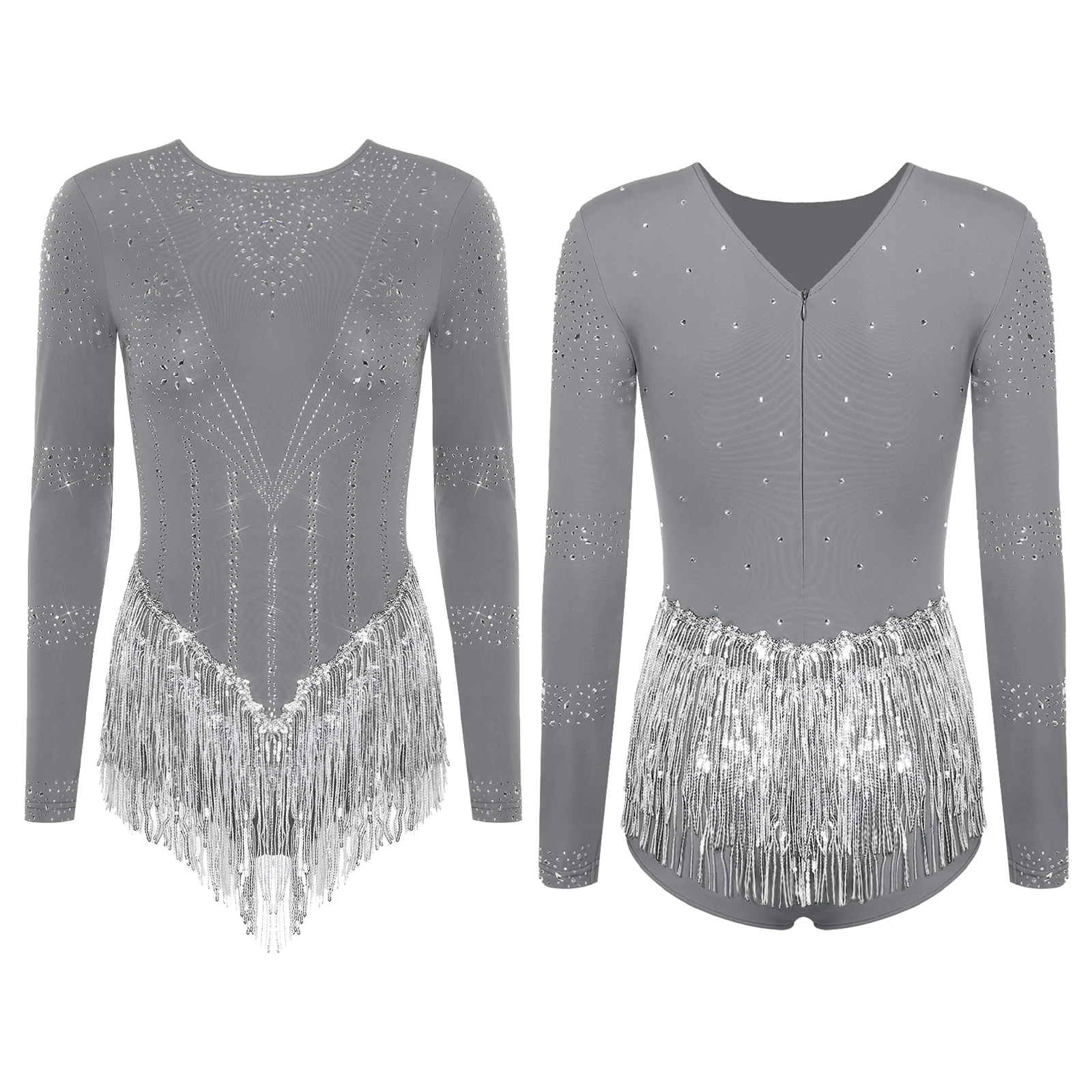 女性ラテンダンスレオタードドレスダンスウェアラインストーンチャチャサンバタンゴ衣装シアーメッシュタッセルフリンジワンピースボディスーツ
