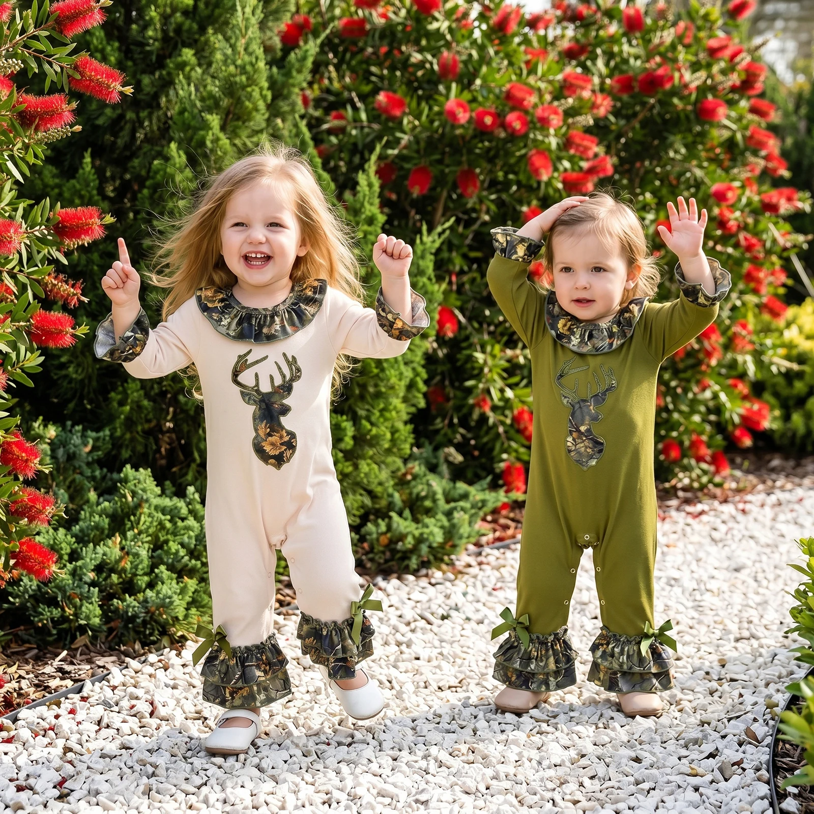 Baby Girl Fall Romper Deer Head Embroidery Ruffles Crew Neck Long Sleeve Infant Bodysuits Jumpsuits
